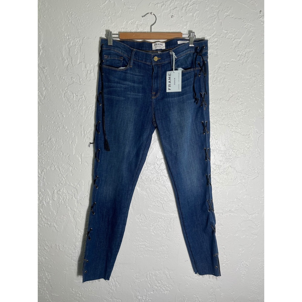 FRAME Le Skinny de Jeanne Jeans Size 32 Lace Up Side Skinny Denim NWT Flaw